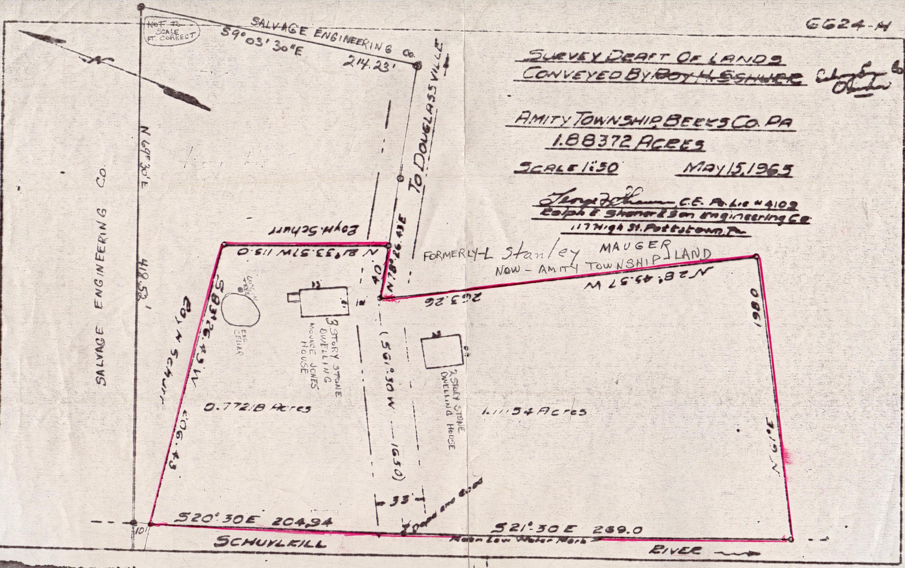 Survey drawing of lot [outlined in red] described in Deed description