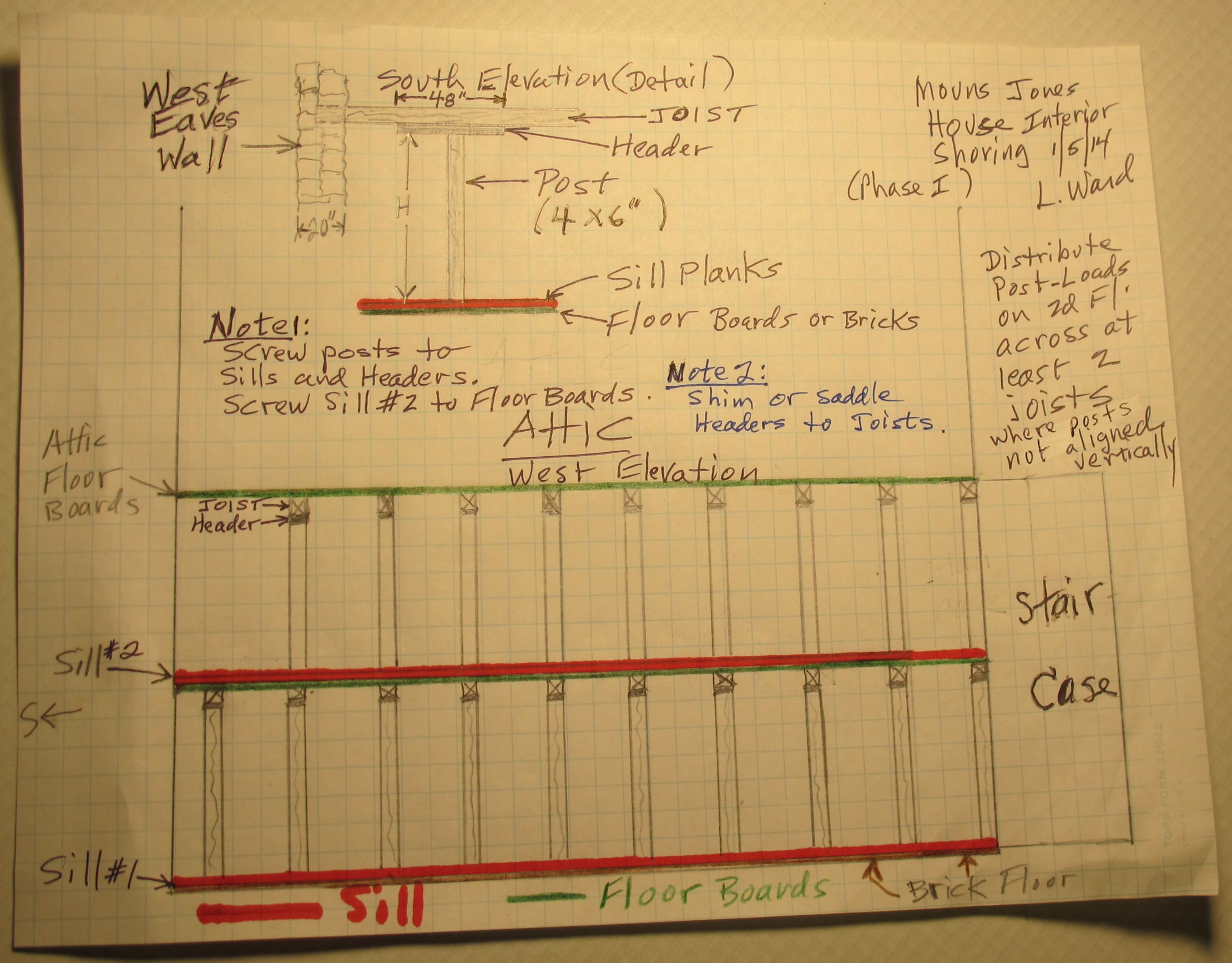 #6: Drawing of shoring posts to support 2d & attic floors
